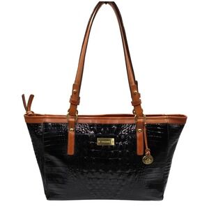 Brahmin Black Croc Embossed Leather‎ Tote Bag Tan Trim Shoulder Bag